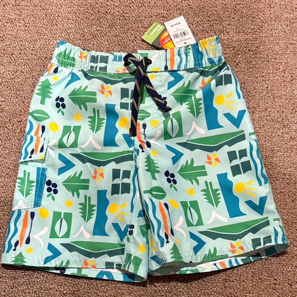 NWT L.L. Bean Kids Geometric Print Swim Shorts - Blue and Green